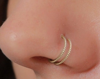 Braided Spiral Nose Ring 20 Gauge - 14K Gold Filled Spiral Nose Hoop - Single Piercing Double Hoop Faux Nose Hoops