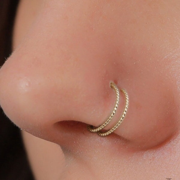 Braided Spiral Nose Ring 20 Gauge - 14K Gold Filled Spiral Nose Hoop - Single Piercing Double Hoop Faux Nose Hoops