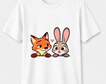 Söt räv och kanin-partröja, kawaii djurkärlekströja, romantisk tecknad djurtröja, söt räv och kanin-grafiktröja