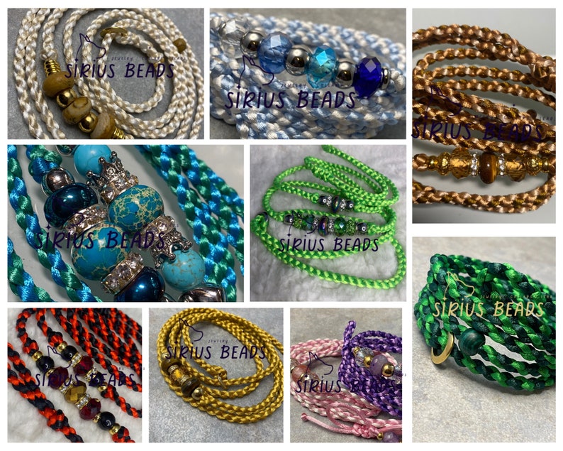 May include: A collection of colorful braided cords with various beads and charms. The cords are arranged in a grid pattern, with each cord featuring a different color and bead combination. The cords are all approximately 1/2 inch wide and are made of a soft, pliable material. The beads are made of various materials, including glass, metal, and stone. The charms are made of metal and feature a variety of designs, including hearts, stars, and animals. The cords are all labeled with the text "Sirius Beads".