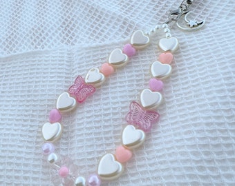 Charme de téléphone/bracelet/porte-clés en perles pastel mignons coeurs et papillons