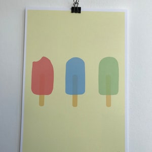 May include: Three popsicles on a yellow background. The popsicles are red, blue, and green. The popsicles are all in a row and have a stick at the bottom. The text "Catrina" is in the bottom right corner of the image.