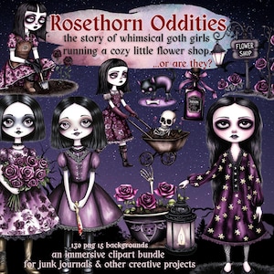 Zestaw clipartów akwarelowych Whimsical Goth, Dark Aesthetic Whimsigoth, Whimsical Darkness Digital Download, Whimsi Goth Junk Journal Printable