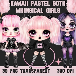 Pastel Goth PNG, Y2K ästhetik Gothic Girls, rosa süßes Whimsigoth Bundle, Pastel Goth Kawaii, Anime Whimsical Goth, digital heruntergeladen