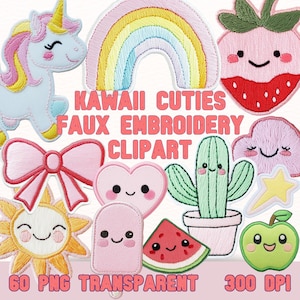 Faux Stickerei Clipart Kawaii zum ausdrucken, Kawaii Digital Sticker Design, Pastell gestickten Patch Faux digital heruntergeladen fruchtbar PNG Set