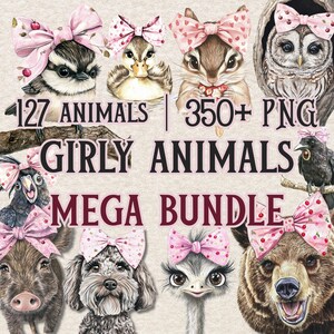 Coquette Animals Mega Clipart Bundle, Watercolor Woodland Big Bundle PNG Set, Animated Animals Sublimation Design, Whimsical Girl Animal PNG
