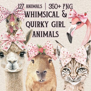 Animal Coquette Mega Clipart Bundle, Watercolor Woodland Big Bundle PNG Set, Animated Animals Sublimation Design, Whimsical Girl Animal PNG