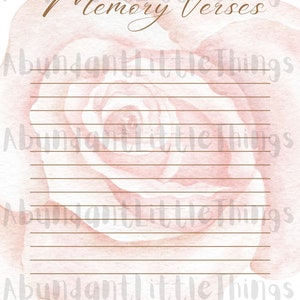 May include: A printable sheet with a watercolor rose design and lined paper for writing down memory verses. The text "Memory Verses" is written in brown cursive script at the top of the page.