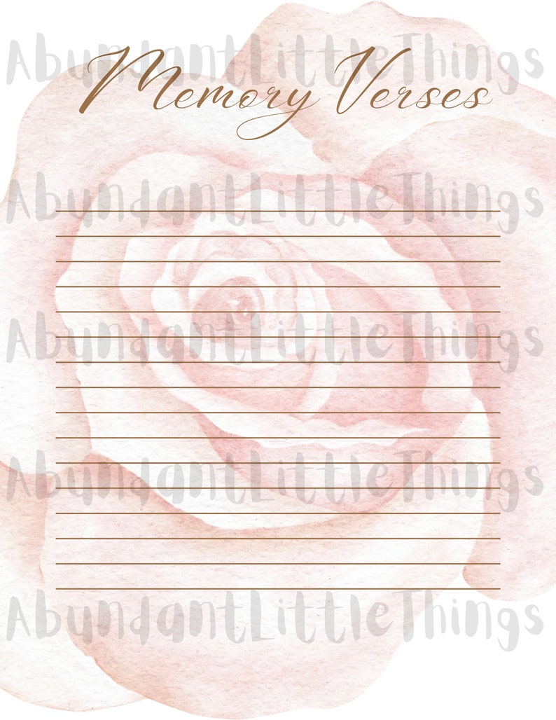 May include: A printable sheet with a watercolor rose design and lined paper for writing down memory verses. The text "Memory Verses" is written in brown cursive script at the top of the page.