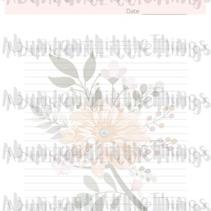 May include: A printable Bible reading journal page with a floral design in shades of pink, beige, and green. The page has lined paper for writing and a space for the date.