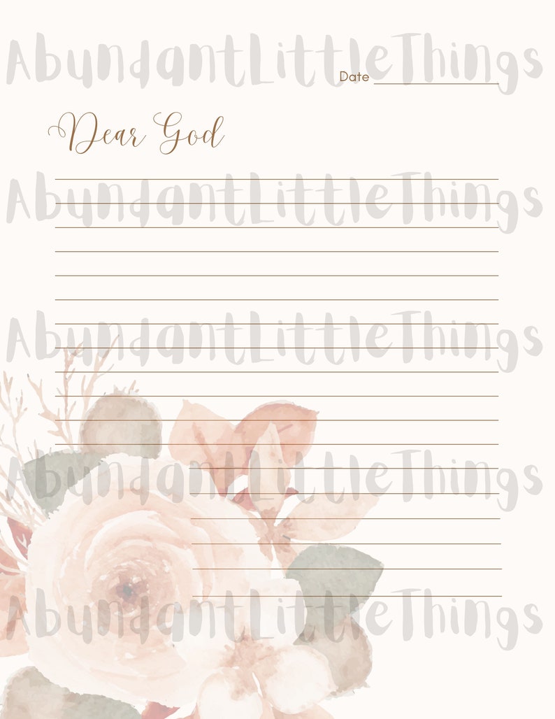 May include: A printable gratitude journal page with a floral design. The page has a title that says "Dear God" and lines for writing. The background is a watercolor design with a light pink and gray color scheme.