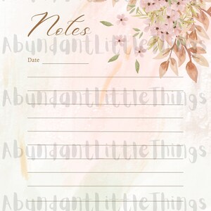May include: A printable notes page with a floral design in shades of pink and brown. The page has the word "Notes" written in brown cursive at the top and a line for the date. The background is a light pink watercolor wash with a subtle marble effect.