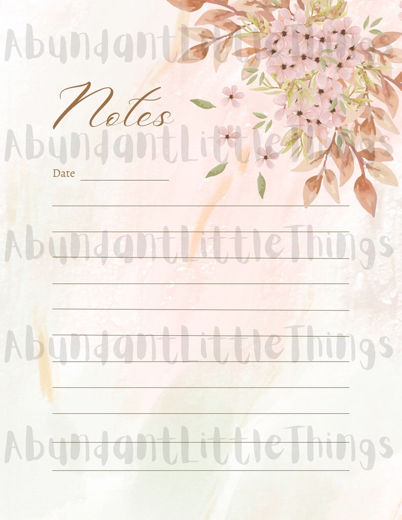 May include: A printable notes page with a floral design in shades of pink and brown. The page has the word "Notes" written in brown cursive at the top and a line for the date. The background is a light pink watercolor wash with a subtle marble effect.