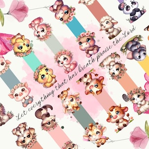 May include: A whimsical pattern featuring adorable cartoon animals, including a panda, lamb, and pig, adorned with floral crowns. The design incorporates diagonal stripes in pastel colors and the text "Let everything that has breath praise the Lord."