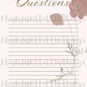 May include: A printable page with the word "Questions" written in brown cursive script. The page has a light pink background with brown lines and a watercolor illustration of a poppy flower with green leaves.