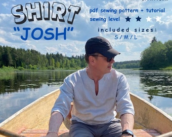Men's minimalist boho shirt sewing pattern, sizes S, M and L, instant PDF download, Digital Pattern