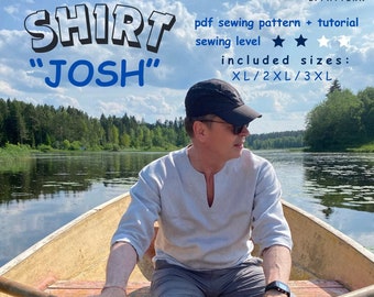 Patrón de costura para camisa boho minimalista para hombre, tallas XL, 2XL y 3XL, descarga instantánea en PDF, Patrón digital