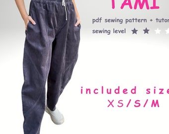 Banana pants sewing pattern, sizes XS, S and M, loose wide leg carrot pants PDF download