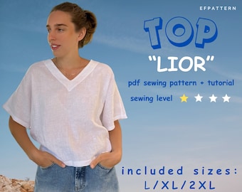 V-neck Boxy Top Lior Sewing Pattern, instant PDF download - Sizes L/XL/2XL Digital Pattern