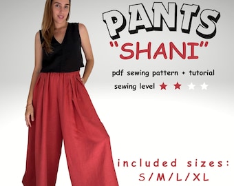 Wide Leg Pants Sewing Pattern, sizes S - XL, skirt pants Shani, instant PDF download  digital pattern