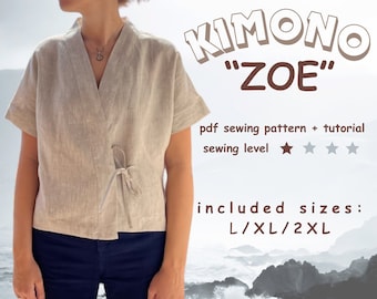 Boxy top sewing pattern, kimono top with tie closure, instant PDF download, Sizes L, XL and 2XL.