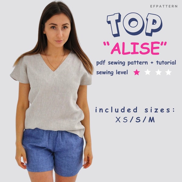 Easy V-neck top sewing pattern, instant PDF download - Sizes XS, S and M, Digital Pattern