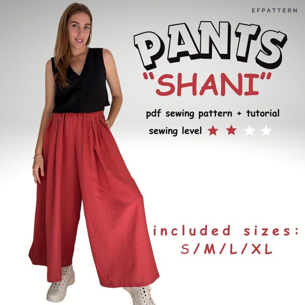 Wide Leg Pants Sewing Pattern, sizes S - XL, skirt pants Shani, instant PDF download  digital pattern
