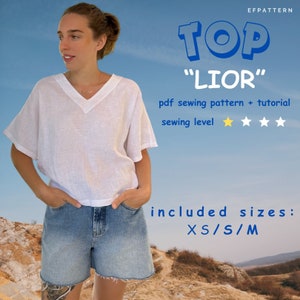V-neck Boxy Top Lior Sewing Pattern, instant PDF download - Sizes XS/S/M Digital Pattern