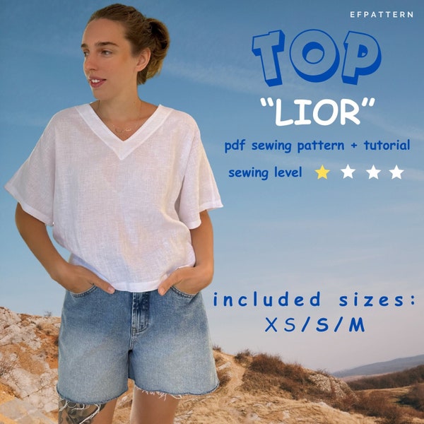 V-neck Boxy Top Lior Sewing Pattern, instant PDF download - Sizes XS/S/M Digital Pattern