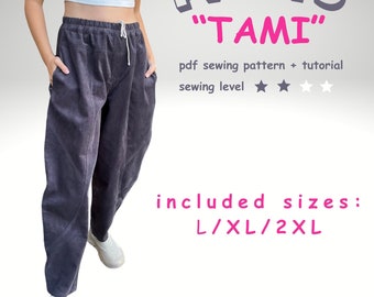 Patrón de costura para pantalón banana, tallas L, XL y 2XL, pantalón zanahoria holgado de pierna ancha, descarga PDF