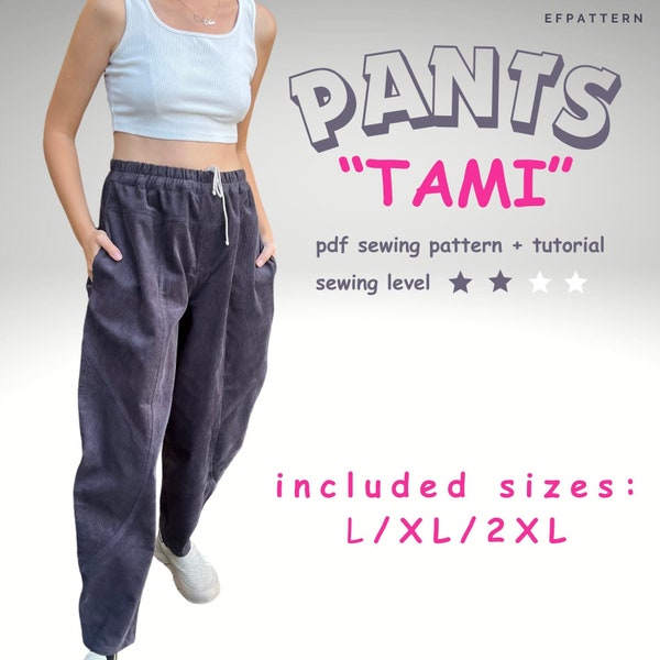 Banana pants sewing pattern, sizes L, XL and 2XL, loose wide leg carrot pants PDF download