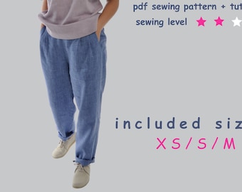 Patrón de costura para pantalón plisado cónico, tallas XS, S y M, descarga en PDF.
