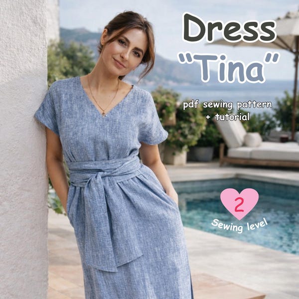 Tina Wrap Dress Sewing Pattern – Midi with Side Slits, Sizes XS-XXL (PDF Pattern)