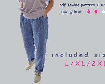 Patron de couture pantalon fuselé à plis, tailles L, XL et 2XL, téléchargement PDF.