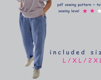 Patrón de costura para pantalón plisado cónico, tallas L, XL y 2XL, descarga en PDF.