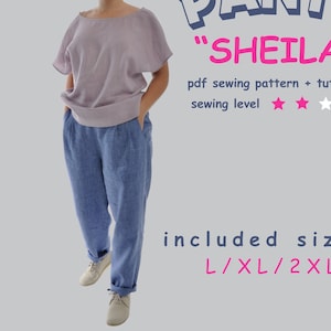 Naaipatroon geplooide taps toelopende broek, maten L, XL en 2XL, pdf-download.