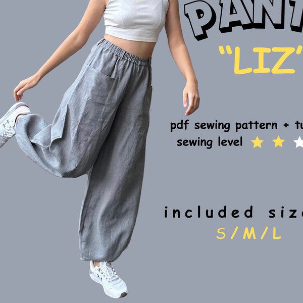 Wide leg pants sewing pattern, sizes S, M and L, digital pattern, High waisted Boho trousers.