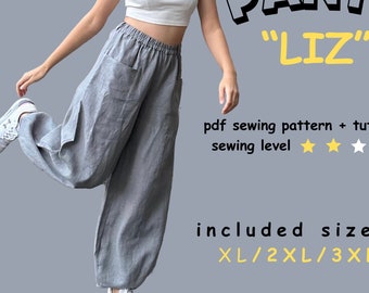 Wide leg pants sewing pattern, sizes XL, 2XL and 3XL, digital pattern, High waisted Boho trousers.