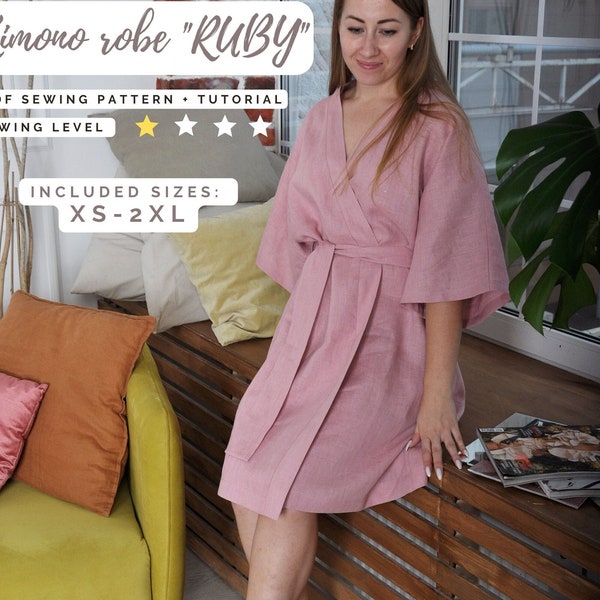 Kimono robe sewing pattern, Oversized Bathrobe instant PDF download, Sizes XS-XXL