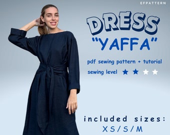 Patrón de costura para vestido con aberturas laterales y cuello barco, tallas XS, S y M, patrón digital de vestido cruzado, descarga instantánea en PDF.