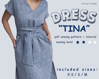 Tina Wrap Dress with side slits - Sewing Pattern instant PDF download - Sizes XS, S and M, Digital Pattern