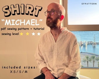 Men's minimalist shirt sewing pattern, Loose fit shirt digital pattern, sizes XS, S and M, digital pattern.