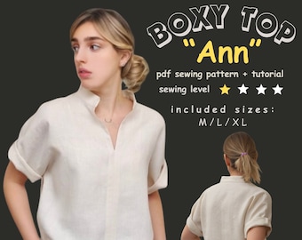 ANN Top with Collar -Boxy Top Sewing Pattern instant PDF download - Sizes M, L and XL, Digital Pattern