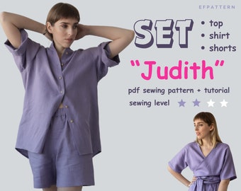 Matching shorts, shirt and wrap top set sewing pattern, sizes XS, S and M, Loungewear set digital pattern.