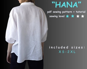 Patron de couture chemise femme oversize, téléchargement PDF instantané - tailles XS-XXL, patron numérique