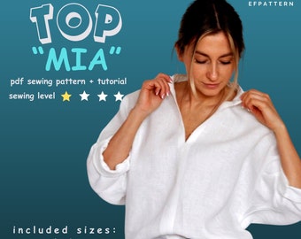 Patron de couture de haut en lin, patron PDF de haut kimono Mia, tailles M,L,XL, patron de couture facile pour les débutants, modèle de couture à télécharger au format PDF