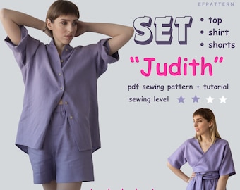 Matching shorts, shirt and wrap top set sewing pattern, sizes L, XL and 2XL, Loungewear set digital pattern.