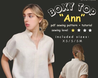 Boxy Top ANN with Collar - Sewing Pattern instant PDF download - Sizes XS, S and S/M, Digital Pattern