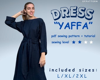 Sewing pattern for dress with side slits and boat neck, sizes L, XL and 2XL, wrap dress digital pattern, instant PDF download.