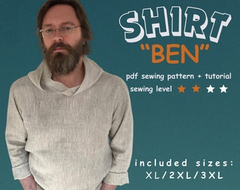 Men's minimalist boho shirt sewing pattern, sizes XL, 2XL and 3XL, hooded shirt PDF pattern, digital pattern.